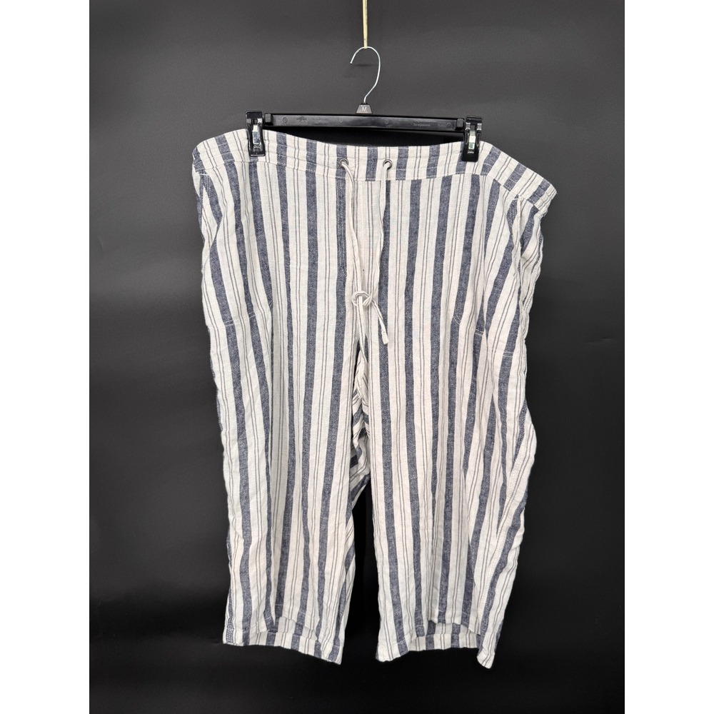 Per Se Linen Blend Pants Women 3X Blue White Striped Drawstring Crop Pockets